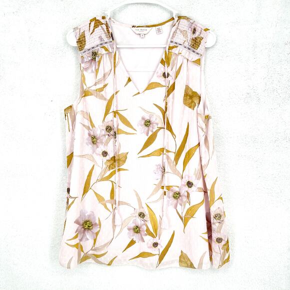 Ted Baker Women's CABANA Smocked Sleeveless Printed Floral Print Blouse Top - Picture 2 of 5